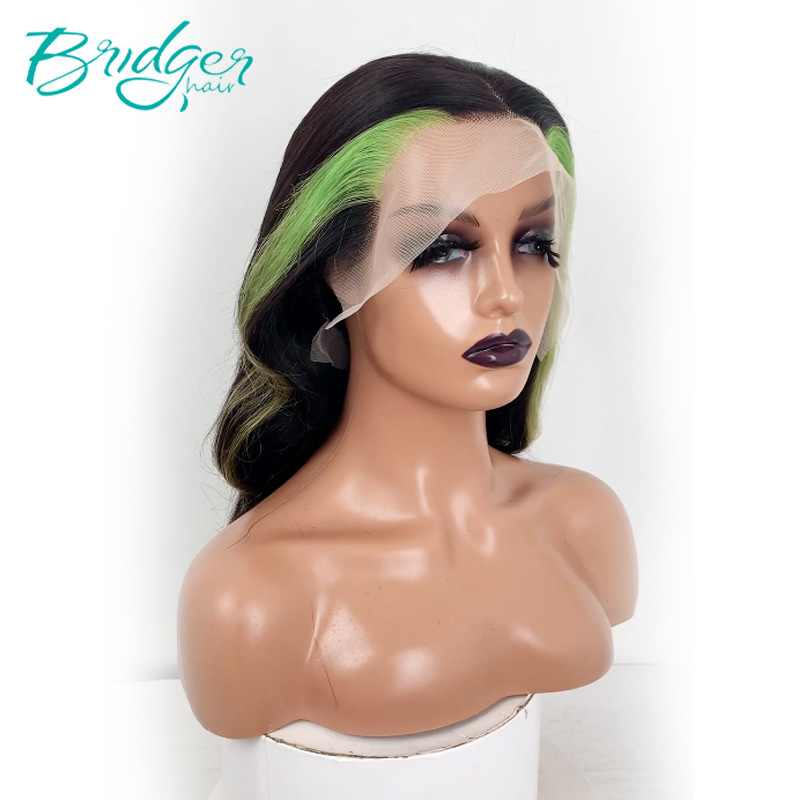 13*4 lace wig side pick two strands of 613 dyed green human hair Wigs_voghion.com