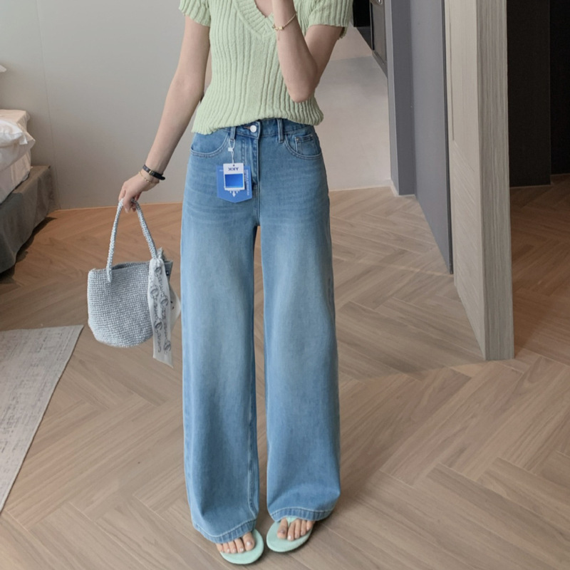 26 Summer New Washed Blue Jeans for Women, Straight Loose Fit, Casual Versatile Four-Way Stretch Wide-Leg Pants