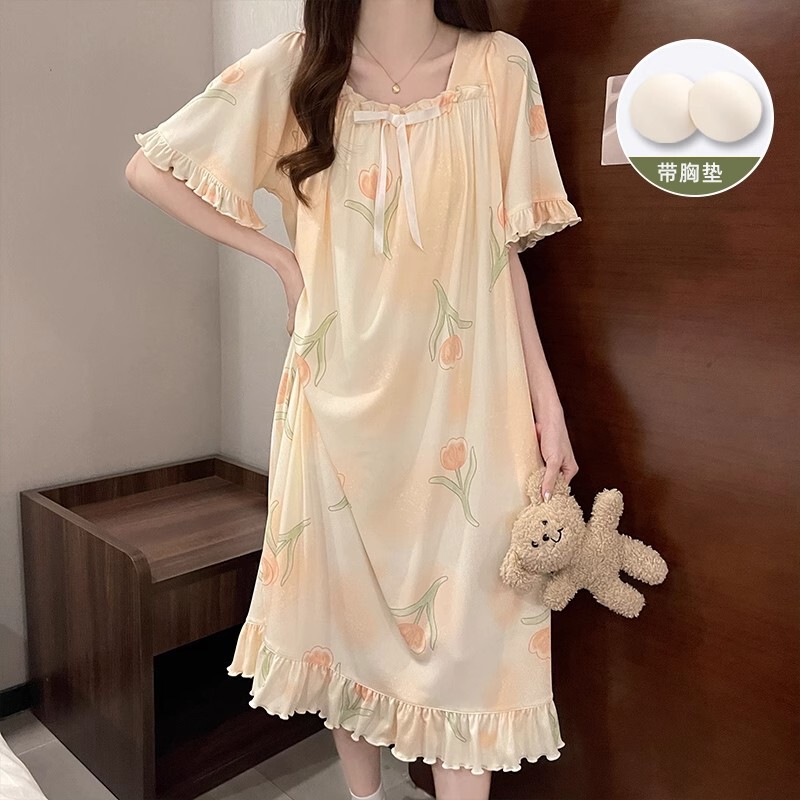 Ice Silk Ribbed Pajama Dress with Chest Pads for Women, Summer Ruffled Short-Sleeve Lace Homewear, Thin Style That Can Be Worn Outside