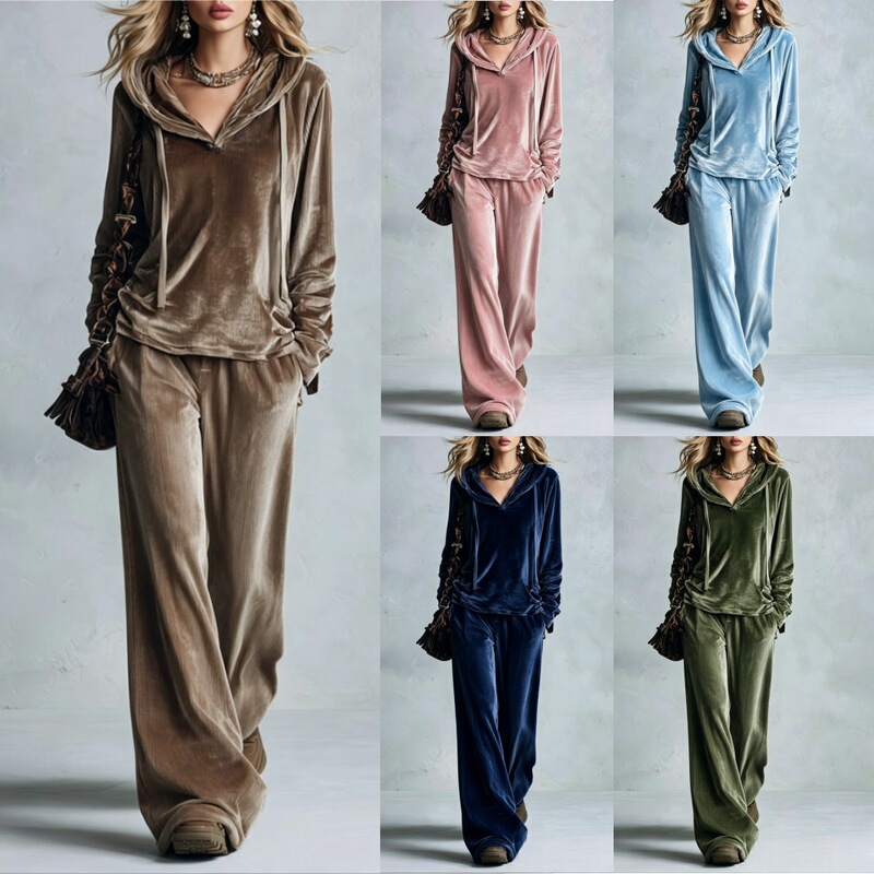 2026 European and American cross-border autumn and winter new fashion women's gold velvet hooded top and casual pocket pants two-piece set
