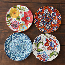 陶瓷家用菜盤子手彩繪餐具日式美式平盤田園民族風牛排西餐圓托盤
