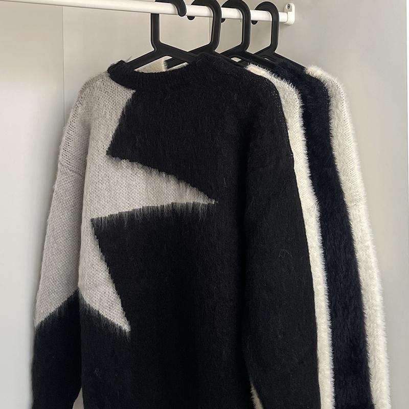새로운 하프 스타 모헤어 스웨터 남성 겨울 국가적 트렌드 레트로 느슨한 캐주얼 니트 스웨터 커플 학생 소녀