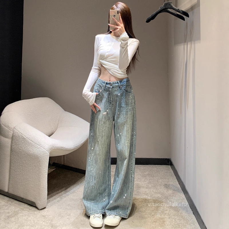 烫钻满天星设计牛仔裤女 复古做旧风显瘦百搭高腰阔腿长裤ZK63398|undefined