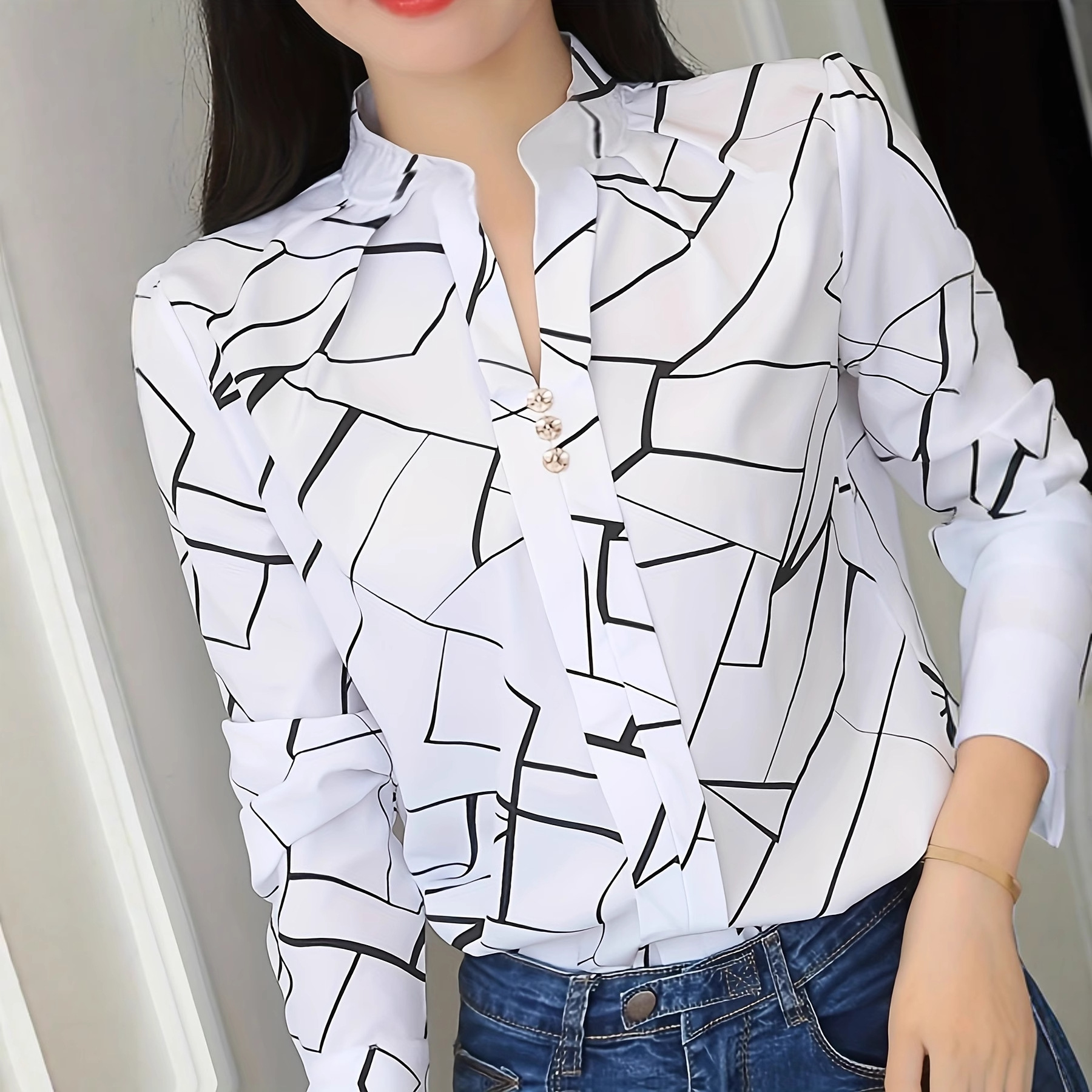春秋装新款气质休闲条纹长袖衬衫宽松白色立领上衣女装 套头