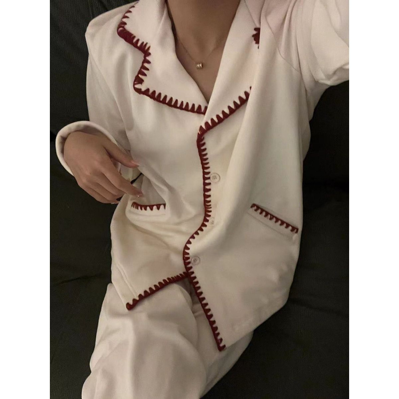 韩版简约翻领德绒简约舒适睡衣女秋季家居服套装长袖长裤可外穿|undefined