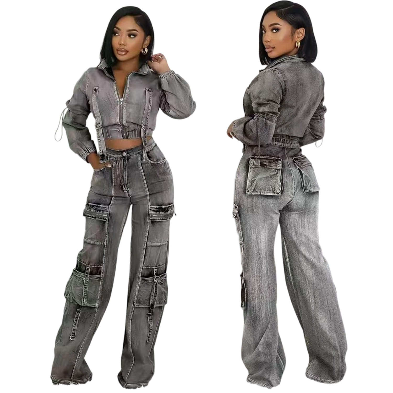 Dam denim set med stretch och högmidjade utility-byxor_voghion.com