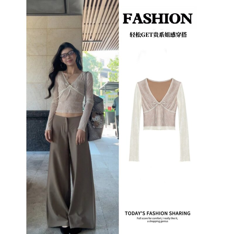 White V-Neck Lace Inner Top, Slim-Fit Base Shirt for Women, Early Autumn Outfit, Long-Sleeve Short T-Shirt, New Autumn Fashion
