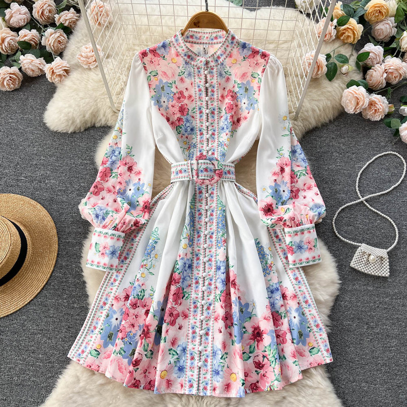 Cross-Border Spring & Fall Retro E398 Style Stand-Up Collar Single-Breasted Lantern Sleeve Waist Slimming Look Dress for Women Sweet Pleated Fairy Cross-Border Spring & Fall Retro E398 Style Stand-Up Collar Single-Breasted Lantern Sleeve Waist Slimming Look Dress for Women Sweet Pleated Fairy
