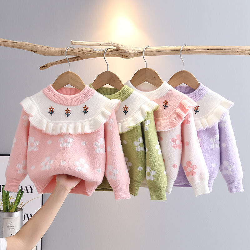 Girls' sweater, knitwear, spring and autumn style, 2024 new fashionable children's clothing, outerwear with small flowers, baby princess top.
