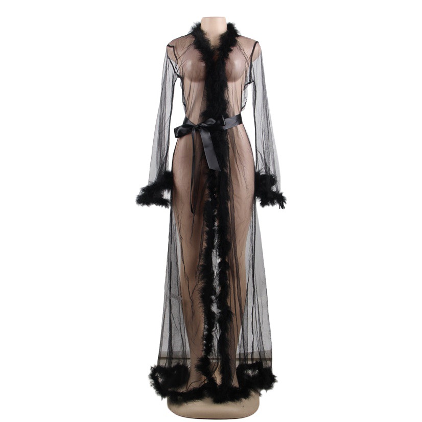 Suministro de comercio exterior europeo y americano más tamaño lencería sexy felpa pluma cardigan manga larga camisón al por mayor 80759