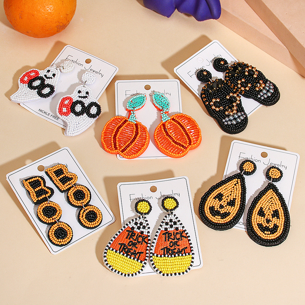 Pumpkin, Letter, Skull Pattern Women's Gender 1 Pair Halloween Cute Pumpkin Letter Skull Beaded Drop Earrings