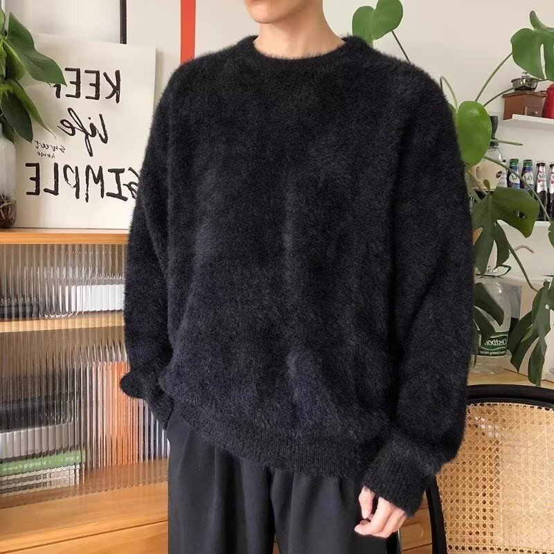 Autumn and Winter Boyfriend Style Loose Lazy Style Sweater Simple Solid Color Round Neck White Sweater Men's Korean Style Trend