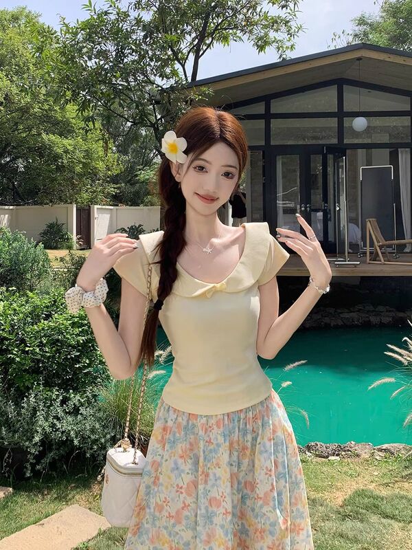[210g 40 cotton] doll collar bow women's short sleeve T-shirt slim short coat