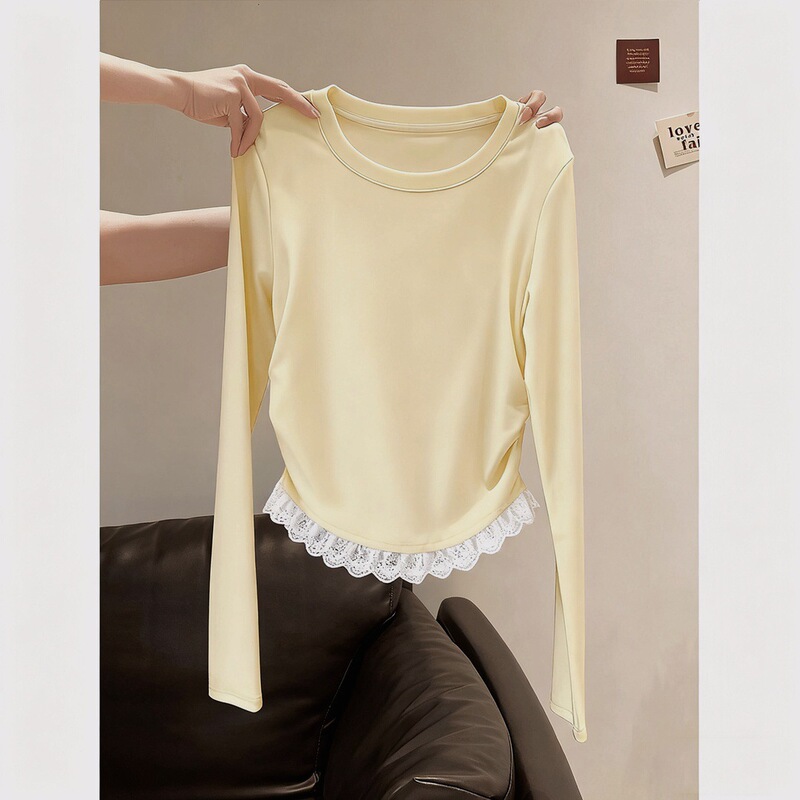 【92% Cotton, 8% Spandex + Back Collar】Lace Trim Round Neck Regular Shoulder Base Layer T-Shirt for Women, Autumn Slim-Fit Short Top 【92% Cotton, 8% Spandex + Back Collar】Lace Trim Round Neck Regular Shoulder Base Layer T-Shirt for Women, Autumn Slim-Fit Short Top