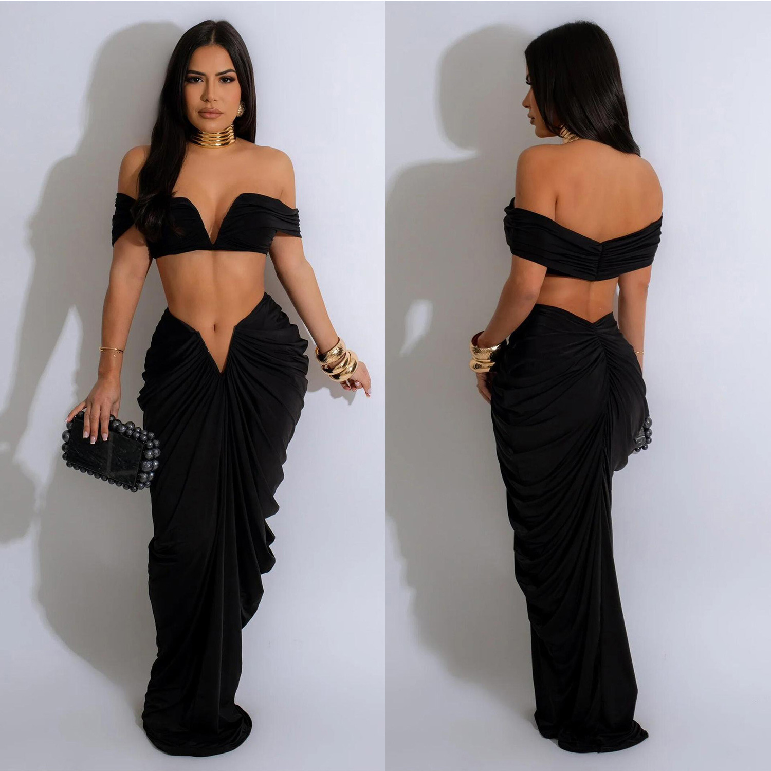 C6822 transfronterizo AliExpress Amazon ropa de mujer de moda europea y americana de color sólido sexy tubo superior Falda plisada conjunto de dos piezas image 3