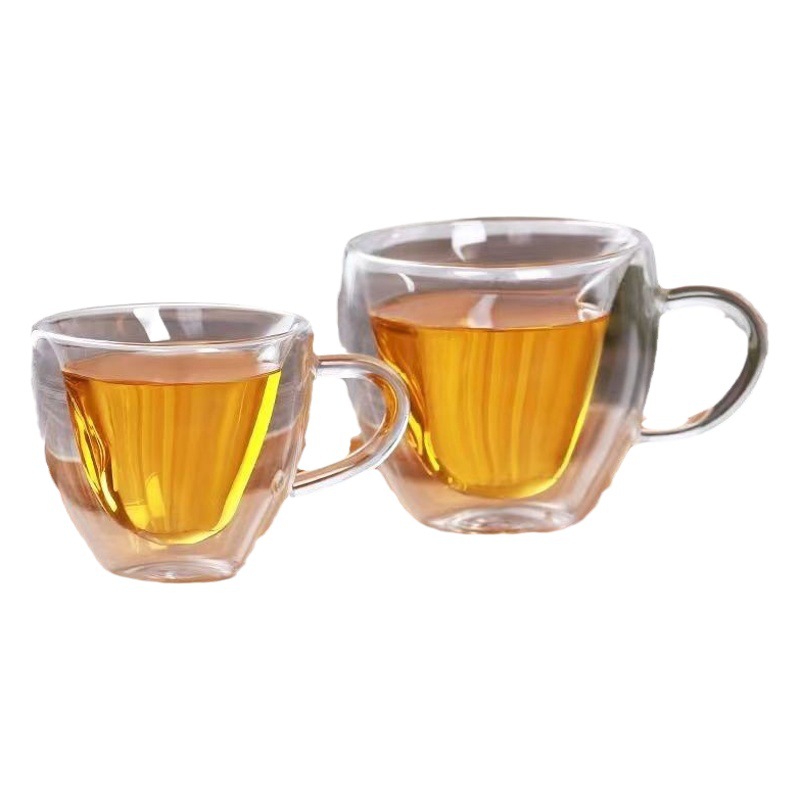 En stock vidrio en forma de corazón de doble capa taza café leche taza borosilicato de doble capa en forma de corazón taza de jugo transparente fábrica al por mayor