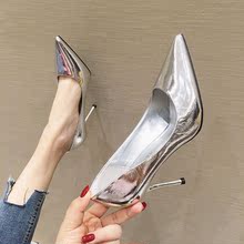 10cm法式少女银色高跟鞋女细跟职业工作鞋2023春新款百搭夜店单鞋
