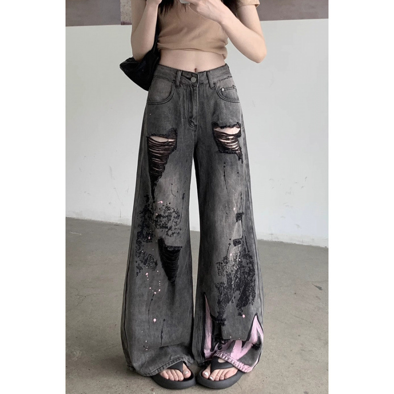 Petite Retro Distressed Graffiti Ripped Jeans for Women American Style Loose Slimming Straight Wide-Leg Pants
