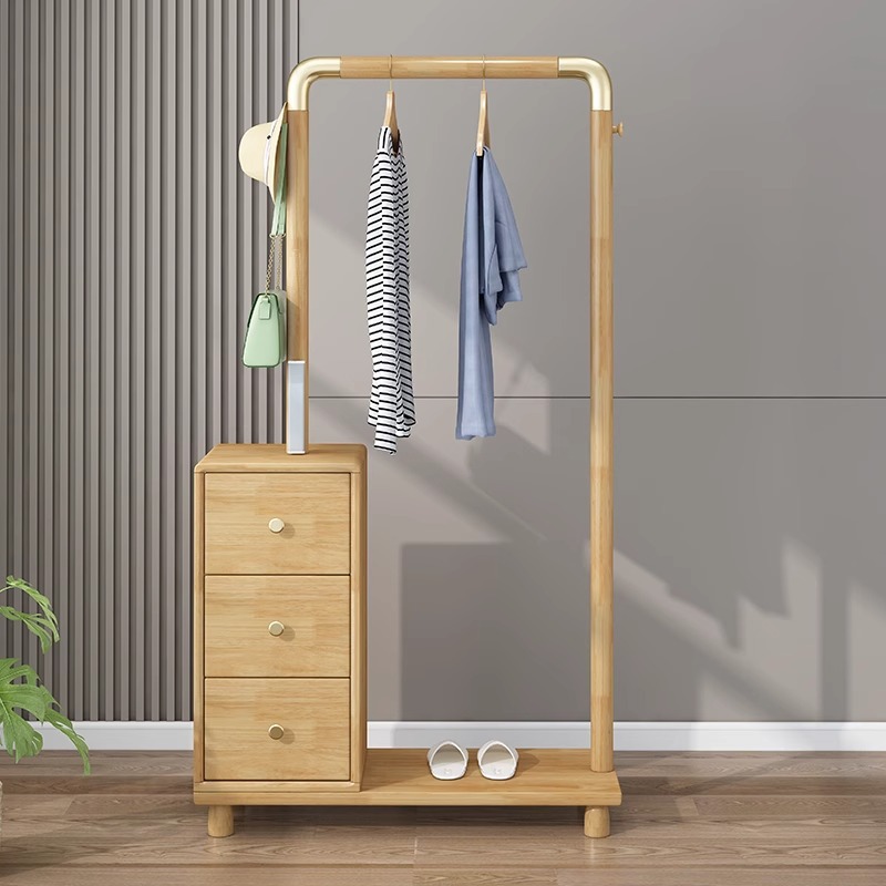 實木衣帽架落地臥室掛衣架玄關置物架家用現代簡約帶感應燈掛包架