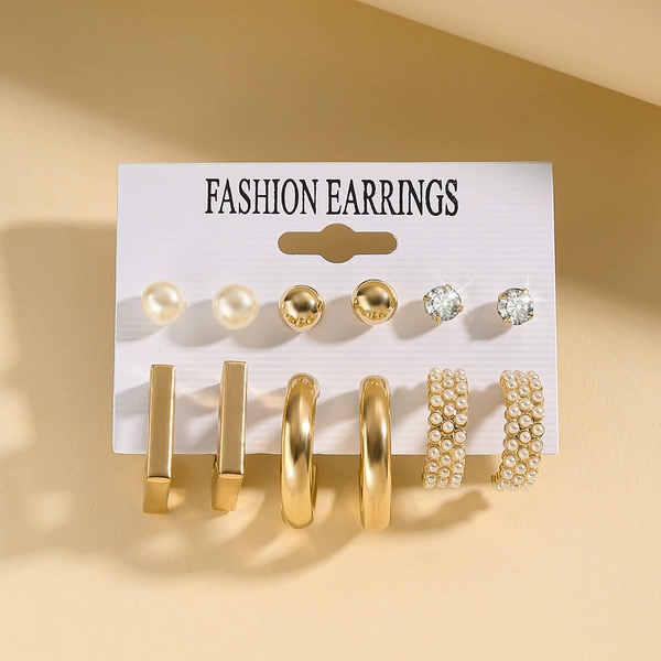 6 pairs - Square wide pearls - Golden