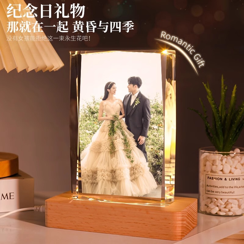 Cross-border Hot-selling Glass Photo Table Custom Luminous Night Light Ornaments Wedding Anniversary Birthday for Parents
