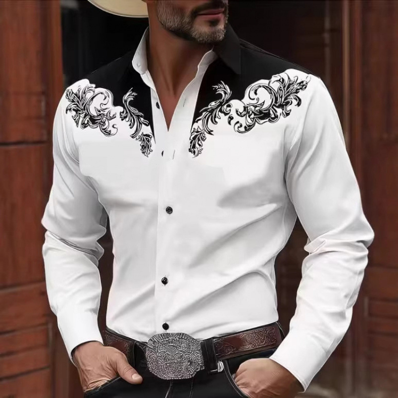 European and American Cross-Border Fashion. Baroque Print Slim-Fit Color-Block Long-Sleeve Shirt, Cross-Border Denim Western Casual Shirt