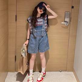 女童牛仔背带裤夏季儿童裤子韩版洋气女大童薄款休闲短裤时髦夏装