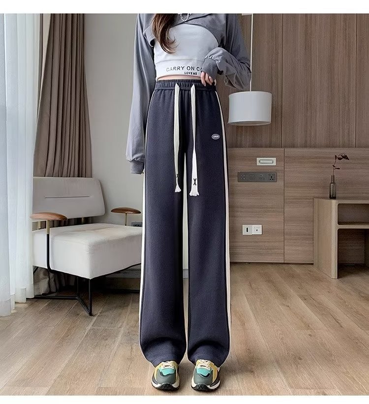 Pantalones casuales primavera y otoño 2023 nuevas mujeres sueltas pantalones casuales rectos diseño adelgazamiento pierna ancha Pantalones deportivos para mujeres image 9