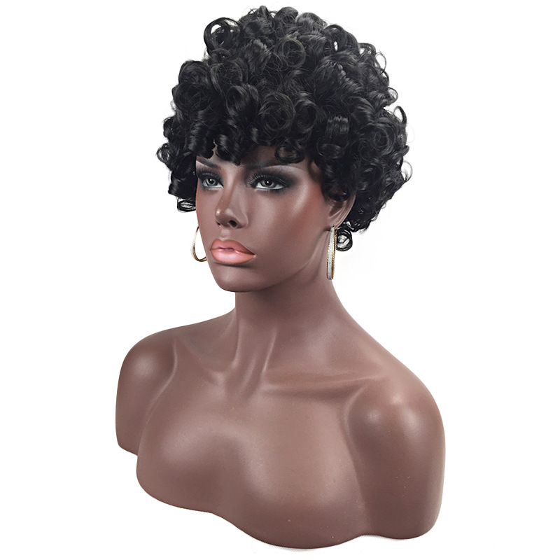 Comercio exterior peluca corta cabeza cubierta de fábrica Ventas Directas pequeño Pelo Rizado Pelo Corto cabeza cubierta negro tornillo pequeño rollo cabeza cubierta