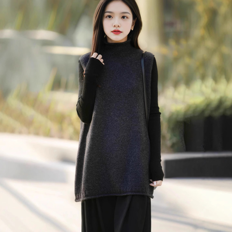 Korean Style Lazy Half-High Collar Andy Velvet Knitted Vest for Women, Autumn and Winter Mid-Length Loose Sleeveless Sweater Vest