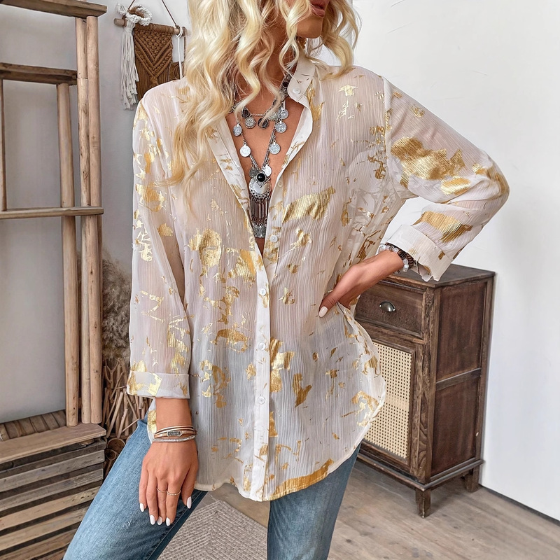 2025 Cross-Border Amazon Temu Xiyin Women's Burnt Gold Geometric Print Lining Translucent Long-Sleeved Button Top