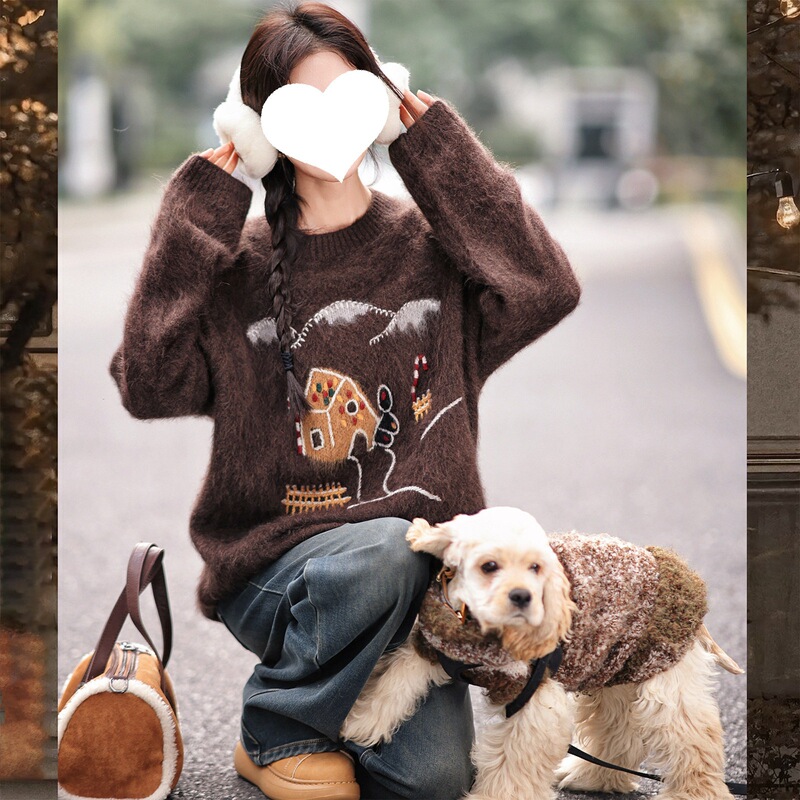Zhao Daxi | Cookie House Fleece Sweater | Wool* Cashmere Round Neck Lazy Cartoon Jacquard Knitted Sweater for Women
