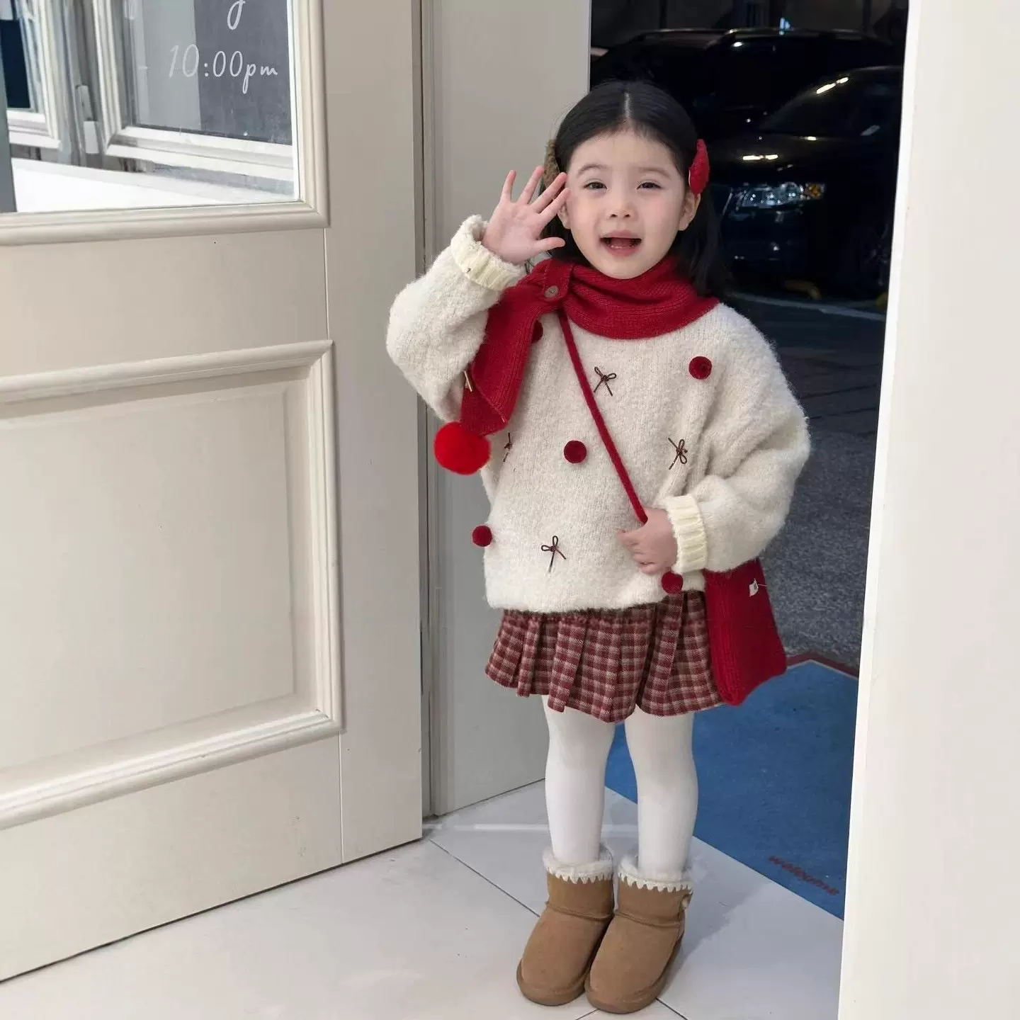 女童圣诞节套装加厚立体毛球织衫25冬季新款小女孩加绒格子半裙