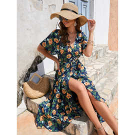 度假连衣裙人棉印花V领绑带修身不规则大摆裙