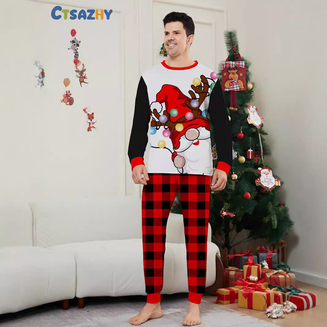 Christmas Santa hat plaid Christmas family suit printed home clothes sleep_voghion.com