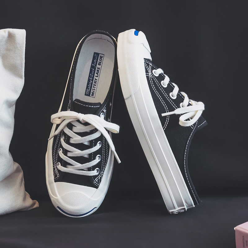 Zapatos de lona de mitad de diapositiva de mujer sonrisa abierta soporte de prueba personalizada negro y blanco F03 image 4