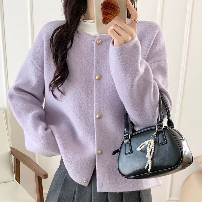 低圆领宽松慵懒毛衣外套开衫女针织衫短款显瘦秋冬外搭加厚