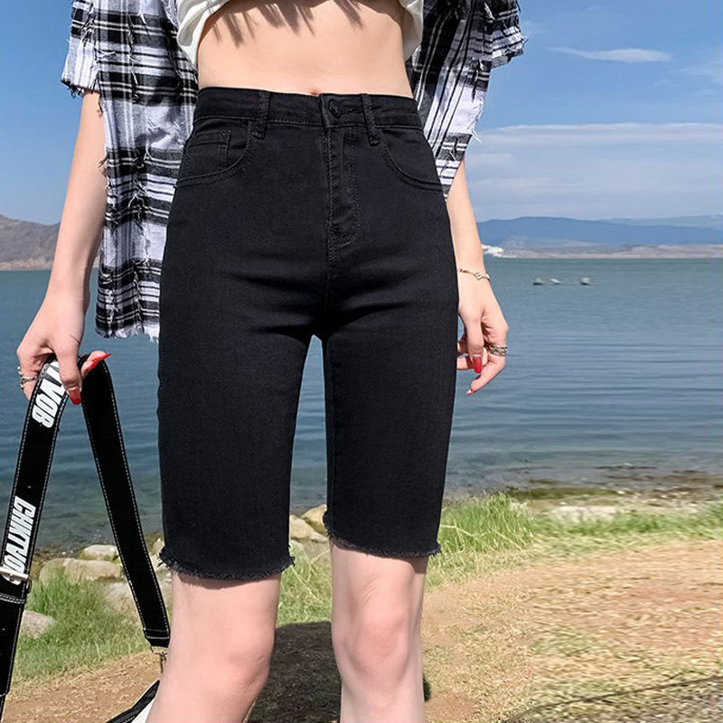 Cycling Denim Shorts Women's Internet Popular High Waist Elastic Slim-Fit Black Straight Tight Thin Outer Wear Medium Pants