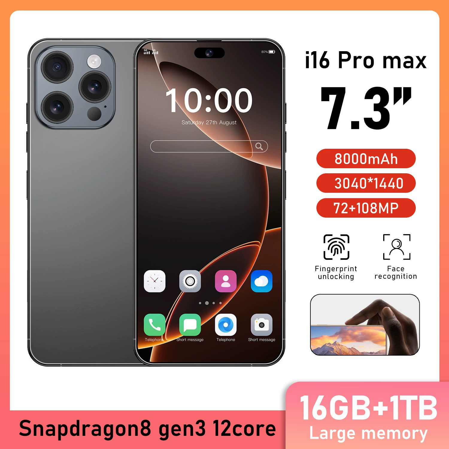 Cugo, (Граница торговли), мобильный телефон, intel core i16, 16promax, (Физики), 7,3 дюйма, Android 8.1
