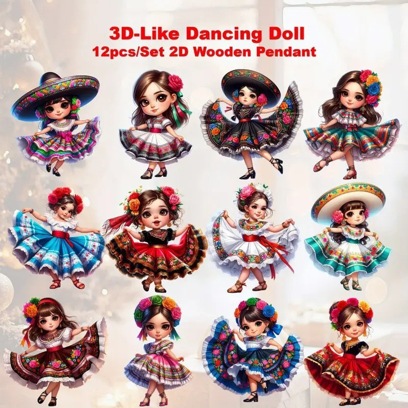 New Product 16 Pieces New Year and Spring Festival Cute Dancing Girl Theme Courtyard Party Wooden Hanging Pendant