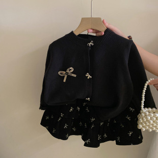 Autumn set, cardigan, pleated skirt, children's clothing, western style, increased thickness