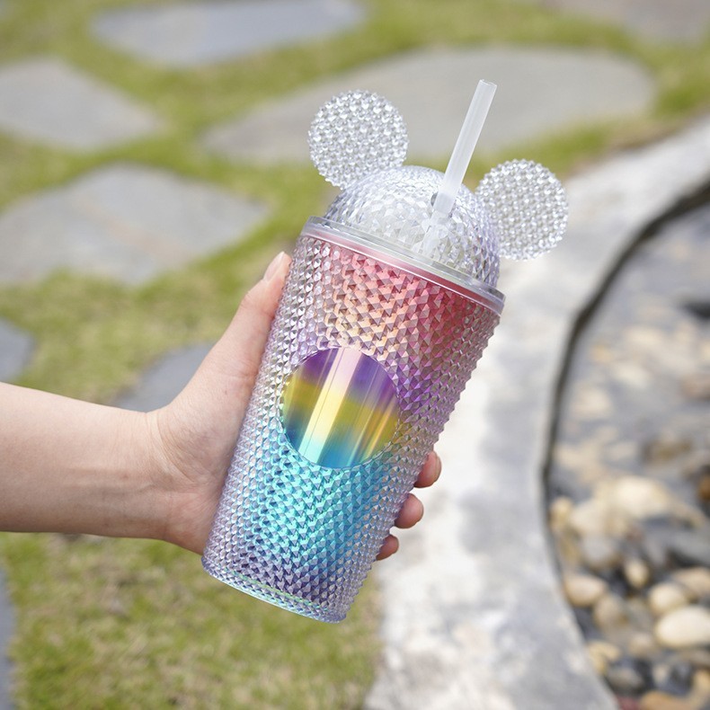 クロスボーダー猫耳二層プラスチックストローカップ 710 ミリリットル大容量ストローカップ蝶結び目付きドリアンカップ|undefined