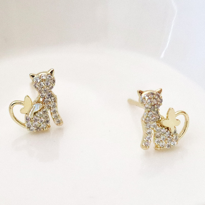 Na Yang S925 Silver Needle Three-dimensional Cat Earrings Diamond Gold Earrings Earrings Cute Japanese 2020 New
