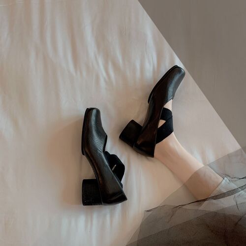 Grape Mama Studio Lee High Heel Mary Jane Slip-On Retro Cross Strap Square-Toe Calfskin Block Heel Ballet Flats