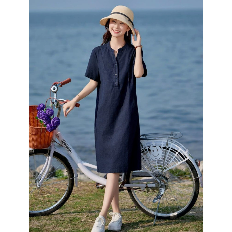 Льняное платье женское, лето 2025, новый стиль, популярная в этом году повседневная модная свободная простая и элегантная юбка