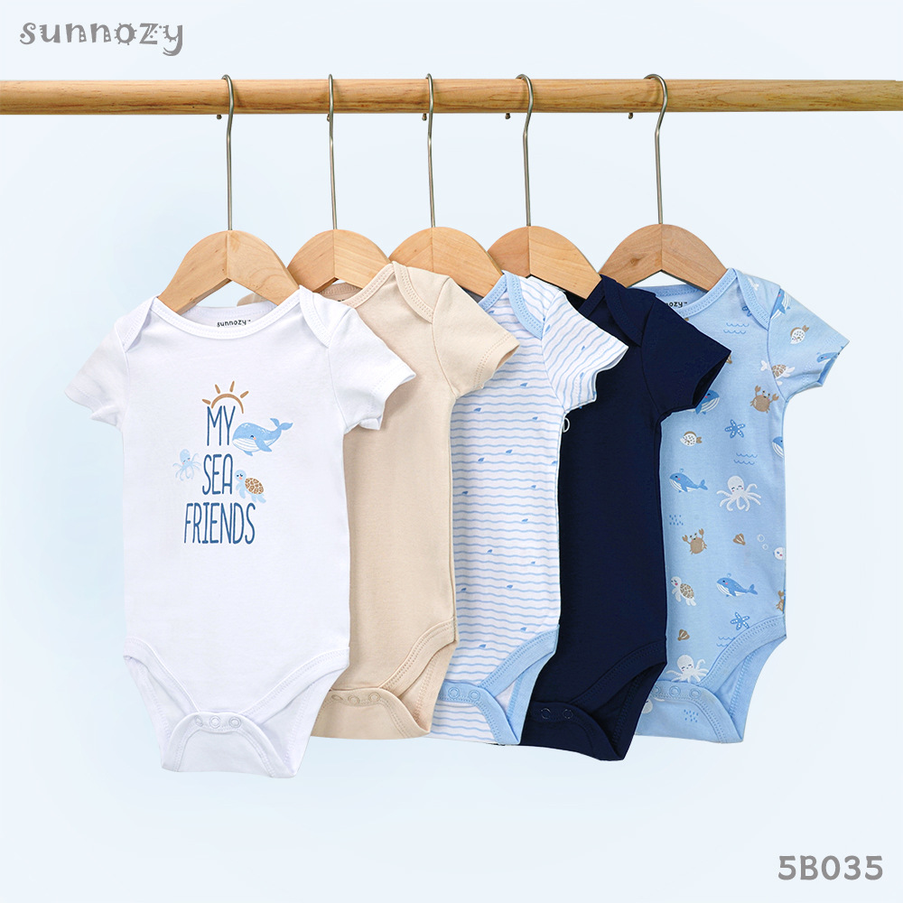 Conjunto de cinco piezas de algodón puro para bebé, mono de verano de manga corta Clase A, embalaje en inglés Sunnozy.