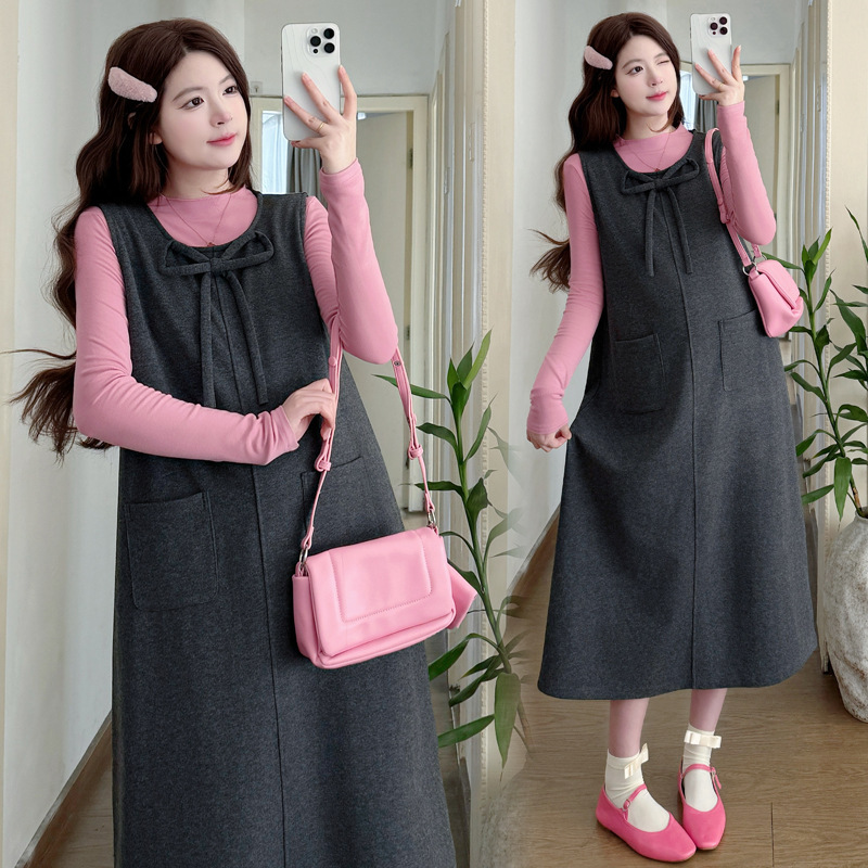 In-Stock Maternity Dress Spring 2026 New Style Loose Long Elegant Bowknot Dress Maternity Set