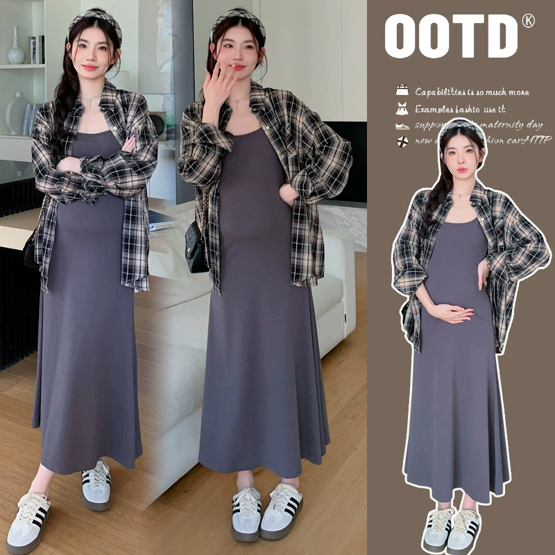 Новая весна 2025 беременная мама ретро клетчатая рубашка с длинными рукавами + регулируемая юбка-подтяжка из двух частей