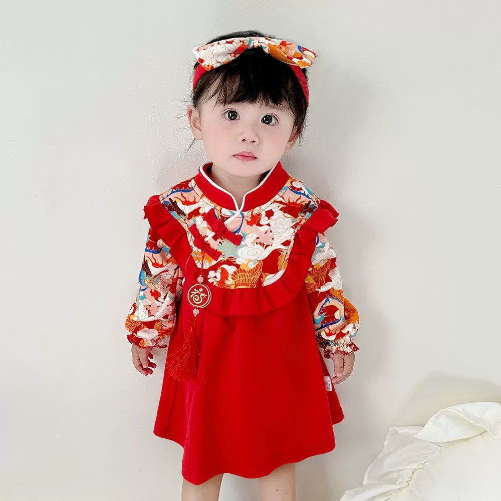 2025秋季女宝宝喜庆连衣裙3872中式婴儿周岁满月礼服春秋唐装裙子