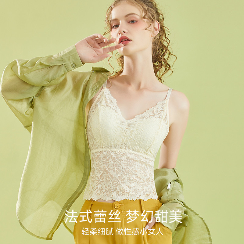 Cross-Border Foreign Trade Popular Sexy Hollow Lace Camisole Summer Thin Strap Chest Pad Seamless Large Size Slimming Beautiful Back